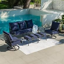 5 Piece Patio Furniture Set, Metal Patio Conversation Set with 1x3 Seater Sofa & 2xSwivel Chairs & 2xOttomans, Outdoor Furniture with 5.75 Thick Cushion for Lawn Garden Backyard, Navy Blue