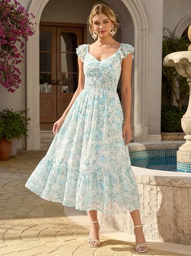 Image of GRACE KARIN Women's Summer Floral Maxi Dress 2026 Ruffle Sleeve Smocked Sundress Flowy Wedding Guest Long Dresses with Pocket