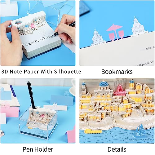 Cadeau créatif bloc-notes 3D Santorin avec porte-stylo silhouette et lumière