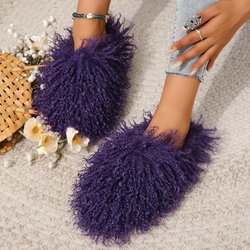 Image of Unisex Fuzzy Faux Fur Slippers, Women's Fluffy Long Hair Sheep Faux Fur Slip on Slides, Girls Luxury Big Fluffy Outdoor Flat Slippers, Long Curly Hair Non-Slip Warm Home Slide Shoes