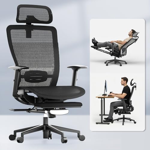 Image of FLEXISPOT Ergonomic Office Chair with Footrest High Back Mesh Computer Chair, Executive Office Desk Chairs, with Lumbar Support /2D Headrest /90-130 3-Level Reclining, OC3, Black