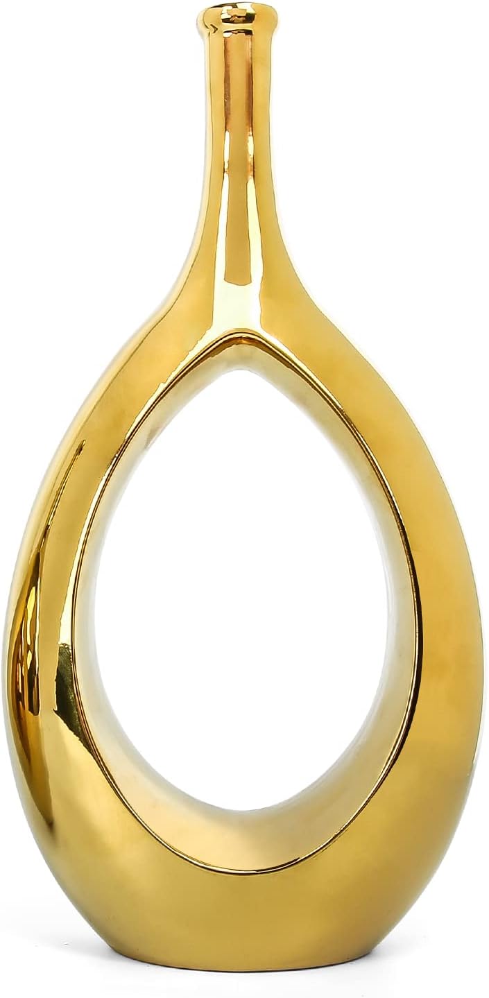 Samawi 12" Gold Vase Gold Ceramic Vase Gold Decor Flower Vase Gold Vases for Decor Gold vases for centerpieces Gold Accent Decor Gold Table Decor Living Room Decor Modern Vases for Home Decor