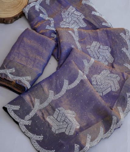 Image of Chiffon Satin Saree for Women with C Pallu PP Siroski Diamond Work, Cutwork Border & Matching Blouse Saree for Wedding, Festive and Traditional Occasions