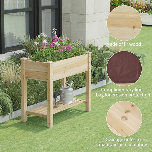 Image of Raised Garden Bed with Legs Elevated Wooden Planter Box Stand Large Planter Stand Box for Fruits Vegetables Flowers with Divider with Bag - 34x18x30.5IN