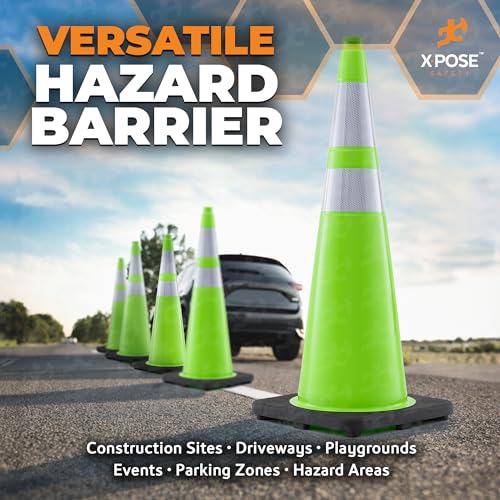 Image of Xpose Safety 36 inch Lime Green Traffic Cone Dual 6 inch & 4 inch Reflective Collar - 4 Pack Multipurpose Premium PVC Safety Cone for Parking, Caution, Construction, Road Crews, Emergency Vehicle - DOT Approved