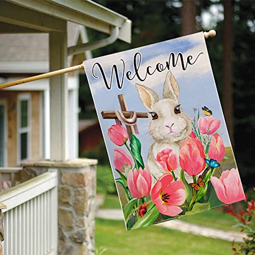 Hexagram Easter Flags 28 X 40 Double Sided, Bunny Welcome Large Easter Garden Flag, Spring Tulip Flowers Outdoor Decor For Yard Patio Lawn, Decorative Burlap Farmhouse Easter House Flag, Spring Flag #TOP4