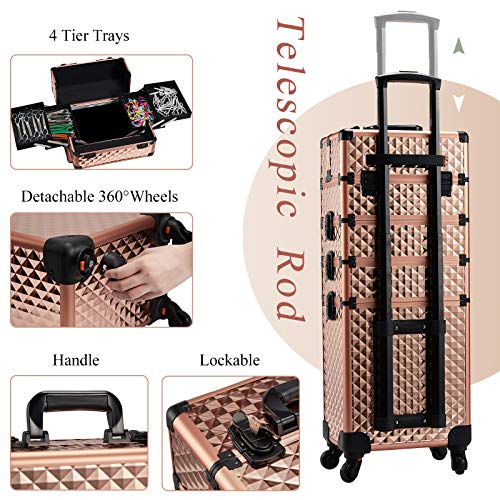 Stagiant Rolling Makeup Train Case Large Storage Cosmetic Trolley 4 in 1 Large Capacity Trolley Makeup Travel Case with Key Swivel Wheels Salon Barber Case Traveling Cart Trunk - Rose Gold