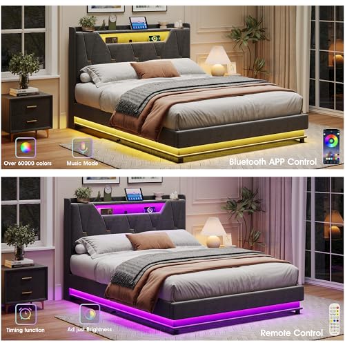 Vabches-Queen-Size-Lift-Up-Storage-Bed-Frame-Storage-Headboard-Charging-Station-LED-Lights-Upholstered-Platform-Bed-No-Box-Spring-Needed-Noise-Free