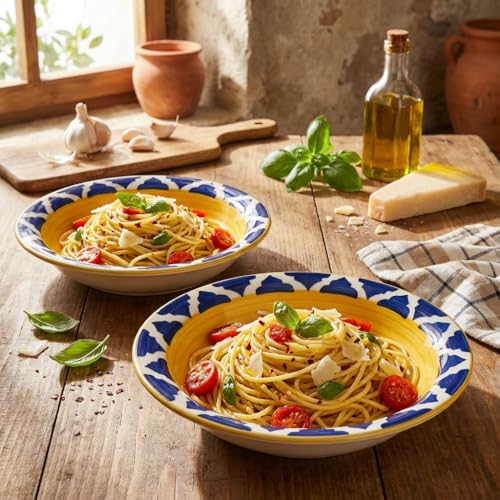 Image of Ceramic Pasta Bowls Set of 2 | 7 Inch Handmade Deep Soup Plates | Microwave Oven Safe Serving Bowls | Floral Hand-Painted Stoneware Salad Bowls (2, Yellow & Blue)