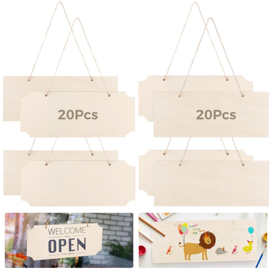 40 Stk. Unfertige Holzschilder zum Aufhängen, rechteckige blanke Holzplaketten, leere hängende Holzscheiben mit Seilen, DIY Holz Hängeschilder zum Bemalen und Beschriften, Bastelbedarf für Zuhause