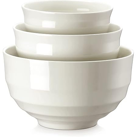 DOWAN Ceramic Mixing Bowls for Kitchen, Size 3.5/1.9/1.2 Qt Large Serving Bowl Set, Microwave and Dishwasher Safe, Sturdy & No Scratch, Nesting Bowls for Space Saving, 3-Piece Set, Creme White