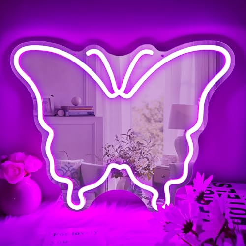 Vveikea Butterfly Mirror Purple Butterfly Neon Sign Dimmable USB Wall