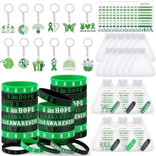 Haishell 12 Sets Mental Health Awareness Gifts Bulk-12 Green Ribbon Acrylic Keychains,12 Silicone Bracelets,12 Encouragement Card,12 Organza Bags for Women Man Volunteers Public Charity
