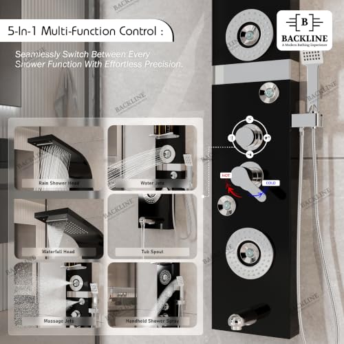 Image of Backline shower panel | 7 In 1 Shower System 304 Grade Stainless Steel | Shower With Storage Shelf, LED Rainfall Shower,Hot & Cold Adjustable,Massage Spray,Hand Shower & Water Spout