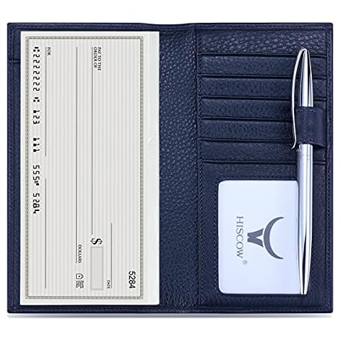 HISCOW Soft Leather Checkbook Cover & Card Holder with Divider - Italian Calfskin (Pebbled Blue) Cover