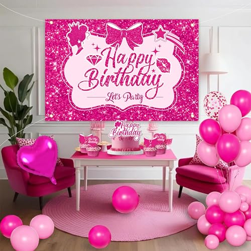 Image of Pink Birthday Party Decorations for girls,Birthday Banner,Pink Backdrop,Hot Pink Balloons Party Decorations
