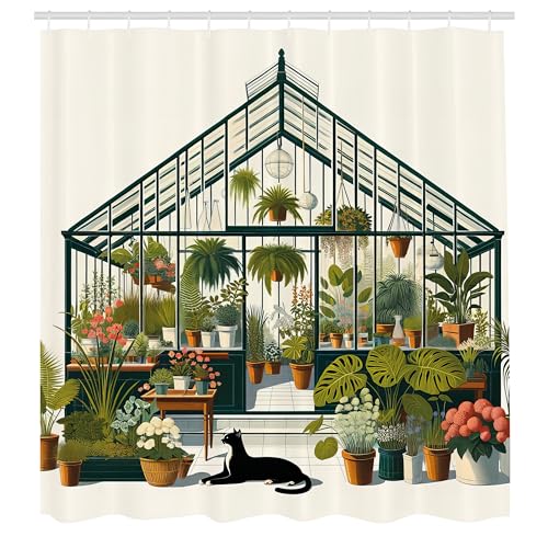 ABAKUHAUS Botanisch Duschvorhang, Illustration im Stil des Mid Century Modern Gewächshaus & Großkatze, Stoffliches Gewebe Badezimmerdekorationsset mit Haken, 175 x 200 cm, Olivgrün Dunkelteal