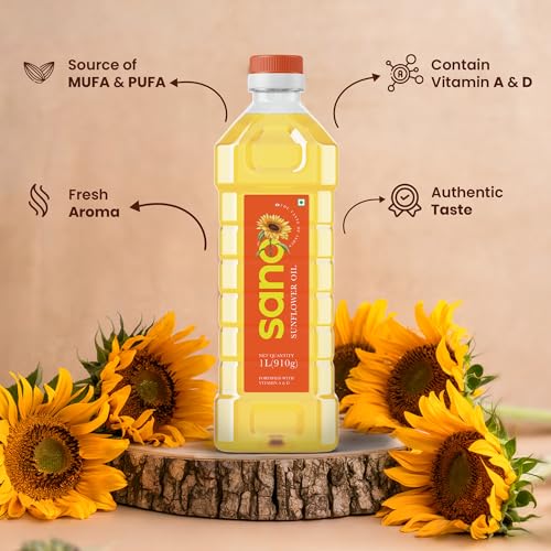 Image of Sano Sunflower Oil 1 Litre Pet Bottle - Pure, Nutrient-Rich sunflower Cooking Oil with High Smoke Point - Ideal for Frying, Sauteing, and Baking(Pack of 1)