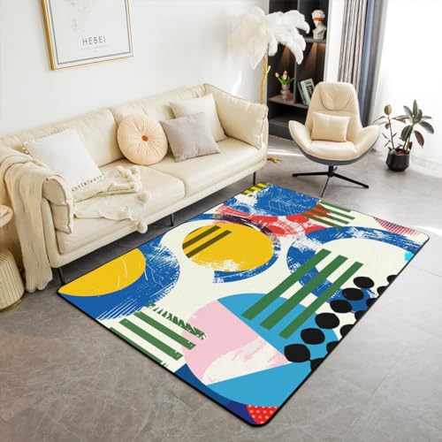 Watercolor Area Rug 5x7 Mid Century Minimalism Rug Minimalist Hand Drawn Simplistic Geometrical Abstract Sketch Carpet for Bedside Rainbow Doodle Style Urban Art Washable Accent Rug