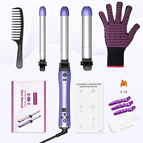 Rotating Hair Curling Iron-Lyealion 3 Interchangeable Heating Iron Barrels Automatic Hair Styling Curler to Create Big Wavy Curls, LCD Display Fast Heat-UP 430°F Ceramic Coating