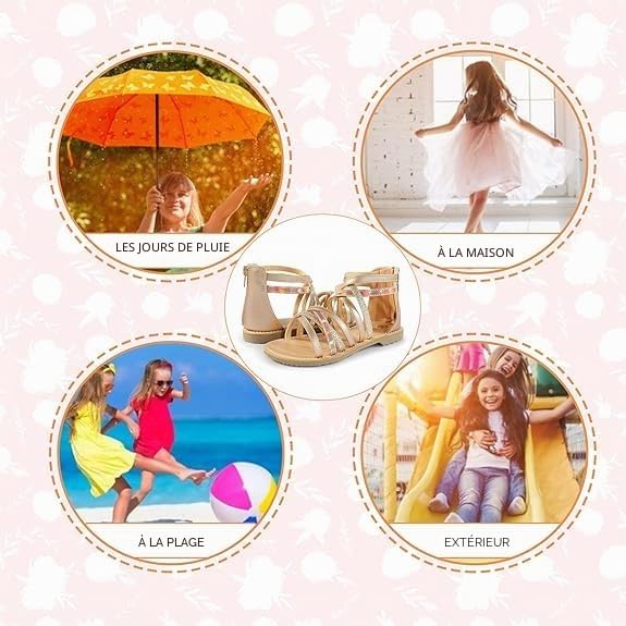 Sandales de princesse à bout ouvert et à lanières pour fille - Sandales plates d'été - Pointure 37