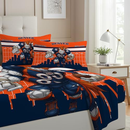 Allenjoy Denver American Football Orange Intensity Sheets Set with Fitted Sheet, Flat Sheet and 1 Pillowcase for Boys Teens Men Fans Son Bedding Bedroom Decor, Twin Size