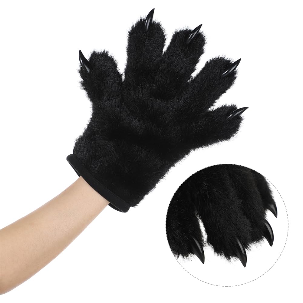 Qchomee Cat Claws Gloves Plush Warm Bear Paw for Women Men Winter Animal Handwear Cosplay Furry Gloves Costumes Cute Cartoon Wolf Claws Thermal Mittens Halloween Party (Black - Image 3