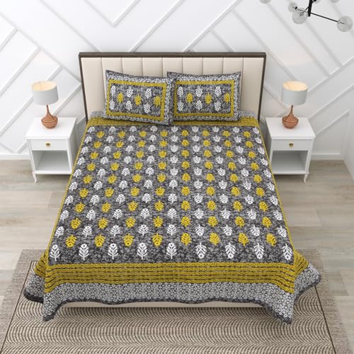 Image of RajasthaniKart Pure 100% Cotton Double Bed Sheet with 2 Pillow Covers (Bedsheet for Double Bed Cotton, Grey Small Booty Jaipuri, King Size,5301)| H603 | 144 TC