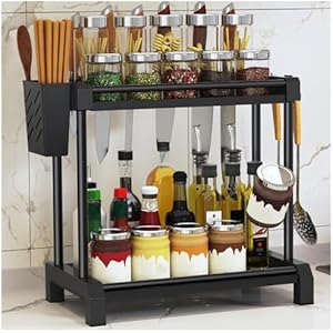 2-Tier Kitchen Spice Rack Utensil Rack Multi-purpose Countertop Freestanding Shelf Organizer with Chopsticks Box & Hooks for Knife Cutlery Under Sink Bathroom Cabinet Storage Rack