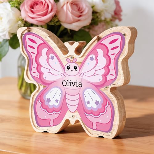 Image of Wooden Pink Butterfly Piggy Banks for Kids | Custom Wooden Pink Butterfly Coin Bank with Name, Money Jar, Educational Toy, Easter & Birthday Gift for Boys Girls