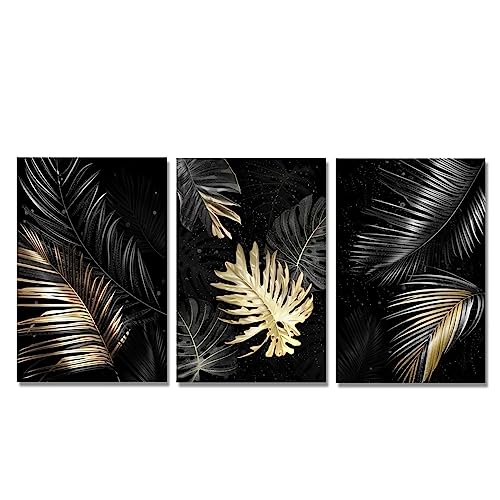 Art mural pour salon moderne : lot de 3 toiles abstraites noires et or