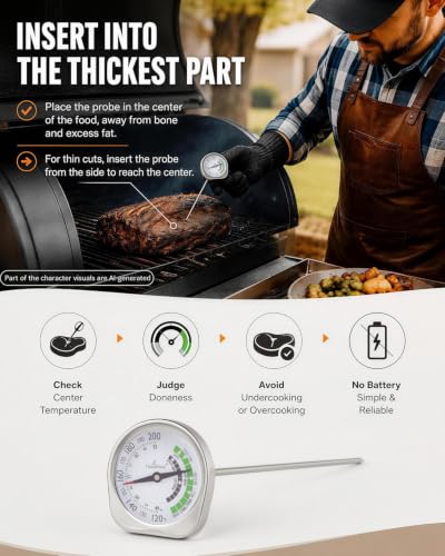 Image of Leave in Probe Meat Thermometer Oven Safe Dual Pointer Dial BBQ Grill