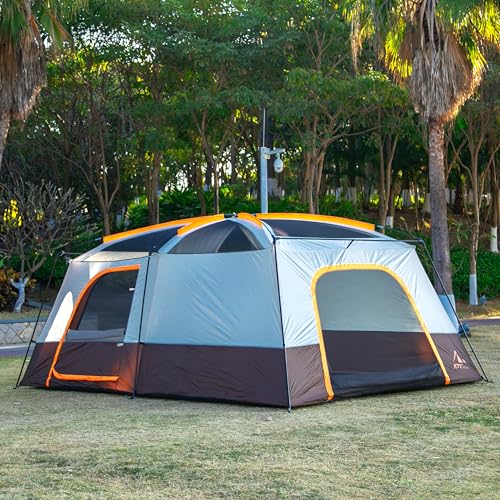 KTT Extra Large Tent 14 Person,Family Cabin Tents,2 Rooms,Straight Wall,3 Doors 3 Windows with Mesh,Waterproof,Double Layer,Big Tent for Outdoor,Picnic,Camping,Family Gathering(Brown) - Image 8