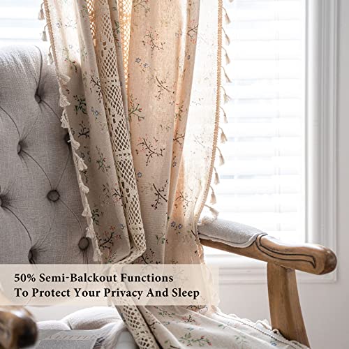 Wazzio Boho Floral Patterned Semi Blackout Curtains 84 Inches Long 2 Panel Burg,Bohemian Farmhouse Toile Curtains For Living Room Bedroom Rod Pocket Macrame Linen Stitching Tassel Curtains,Beige #TOP3