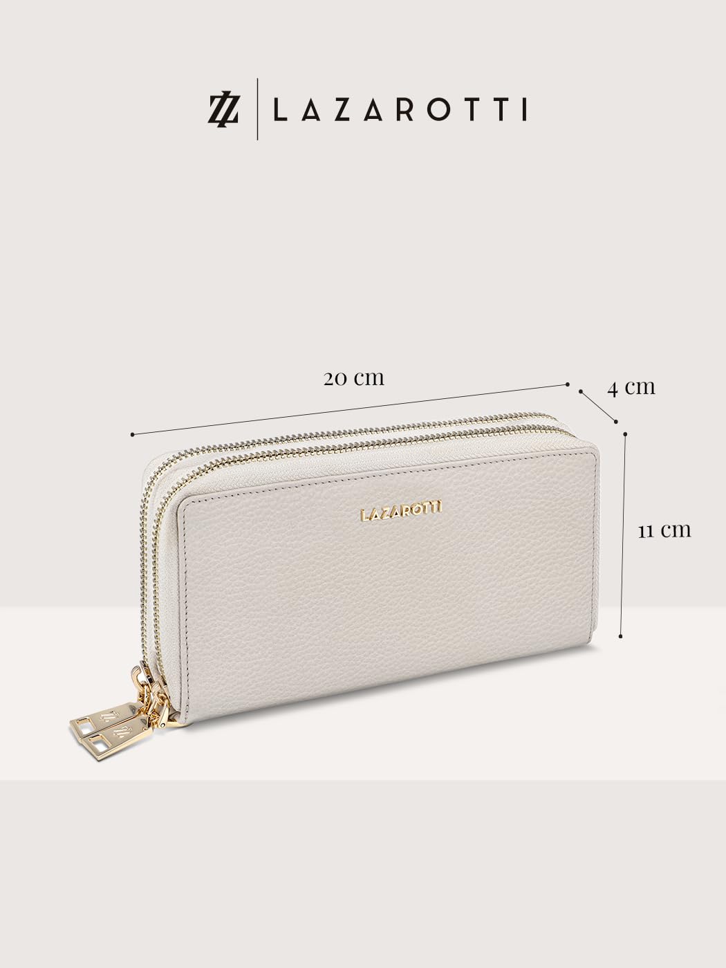 Lazarotti Bologna XL skórzany portfel damski | 2 duże kieszenie z zamkiem błyskawicznym, 20 przegródek na karty, kieszeń na monety, ochrona RFID | 20 x 4 x 11 cm, kremowy, Einheitsgröße, Klasyczny