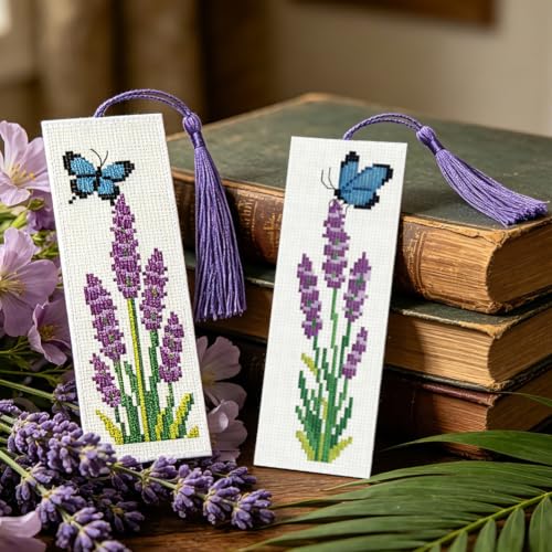 Image of ACRNIGHEET 6PCS Cross Stitch Bookmark Kit for Beginner Stamped Cross Stitch Kits for Adults Lavender DIY Tassel Embroidery Bookmark Kits Needlepoint Kit with Instructions Craft Gift 8.5''x3'' 11CT