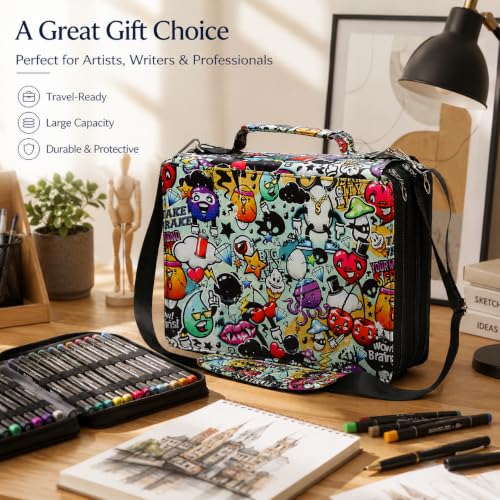 Image of 168-Slot Marker Organizer Bag, 3-Layer Case with Strap | 168-slot 3-layer marker bag in twill Oxford fabric with handle, detachable strap, smooth zipper for studio and outdoor use.