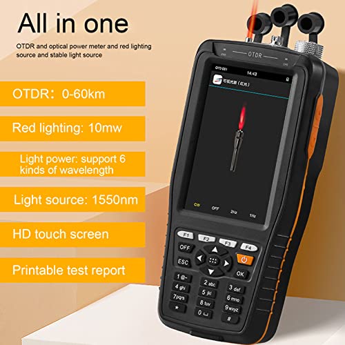 Front view of the SEAFRONT AUA28U OTDR tester displaying its 'All in one' capabilities, including OTDR range (0-60km), red lighting (10mW), 6 kinds of wavelength support, 1550nm light source, HD touch screen, and printable test report.