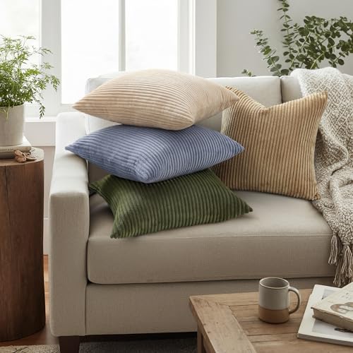 Image of Mecatny Corduroy Decorative Throw Pillow Covers 24x24 Set of 2 for Sofa Living Room, Soft Neutral Boho Couch Pillow Covers for Home Decor, Blue Grey