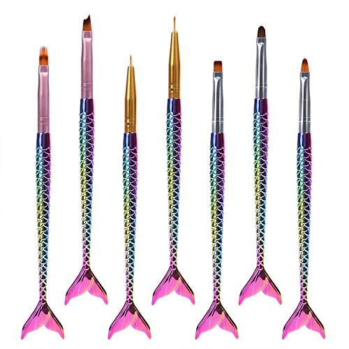 MelodySusie Nail Art Brush Mermaid Tail Acrylic Nail Brush UV Gel Painting Brush Pen Set for Rhinestone Handle Polygel Nail Dotting Painting Drawing Pen Liner, 7 Pcs