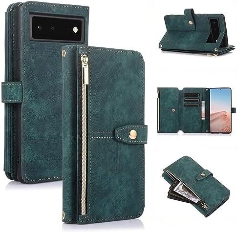 UEEBAI Case for Google Pixel 6, 9 Card Slots Retro Leather Wallet Shockproof Flip Cover with Hand Strap Card Slots Zipper Pocket Kickstand Handbag Magnetic Closure - Purple