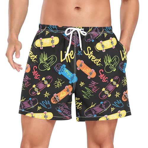 JUNZAN Mens Swimwear Trunks Cartoon Street Style Mens 2 in 1 Workout Shorts with Compression Liner and Pockets Inseam Bathing Suit Quick Dry Black