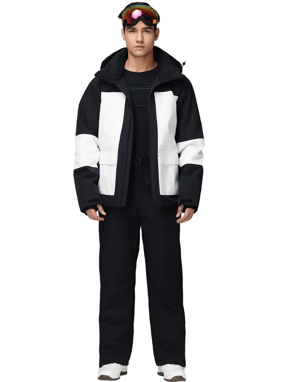 HOTIAN Set giacca e pantaloni da sci da uomo, traspirante, impermeabile, antivento, con cappuccio rimovibile, set da snowboard