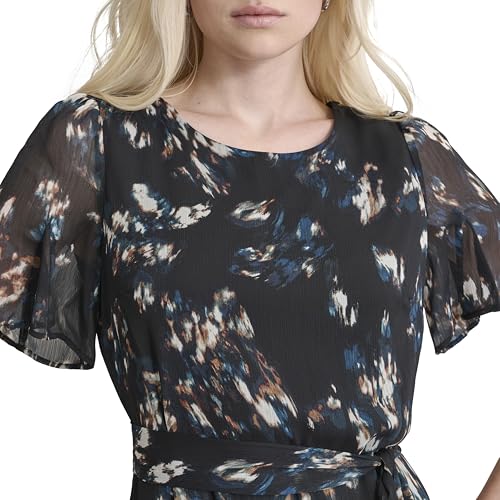 Image of DKNY Women's Flutter Sleeve Round Neck Waist Tie Midi Dress