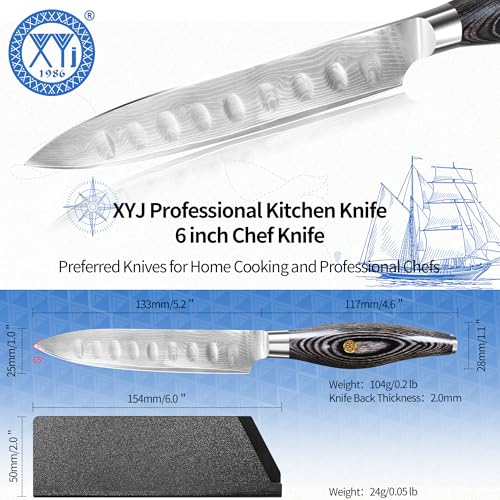 Image of XYJ Professional Damascus Kitchen Knife with Guards Protector,Damascus VG10 Steel Japanese Chef Knives,Meat Vegetable Cutting Knife,Utility Slice Gyuto Knives (5 Inch)