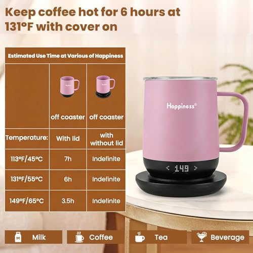 Image of Happiness Smart Heated Coffee Mug,12oz Rechargeable Electric Self Heating Temperature Control Coffee Cup