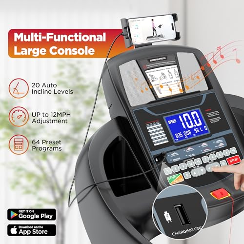 Image of Treadmill with 0-20% Auto Incline, 5 HP Folding for Home Running, 12 MPH Max Speed, 400 lbs Weight Capacity, Bluetooth Speaker, Dog Training Treadmill Compatible
