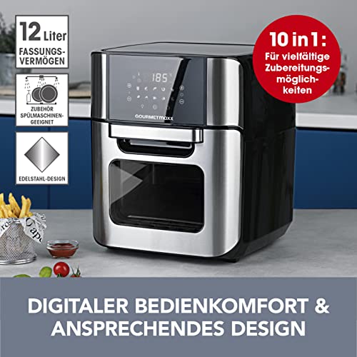 GOURMETmaxx Digitale Heißluftfritteuse 12 L, XXL-Edelstahl-Ofen | Airfryer + Timer, Touchdisplay, Drehspieß | fettarm, energiesparend frittieren | 10 Programme inkl. Pizza | 1800 W – Bild 3