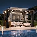 LVUYOYO Outdoor Louvered Pergola 10' x 12', Aluminum Pergola with Adjustable Roof, Waterproof Metal Gazebo with Curtains and Netting for Patio, Backyard, Garden, Deck