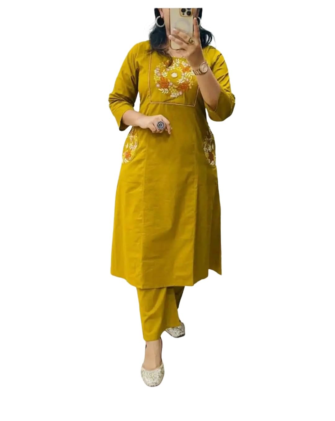 Embroidered A-Line Kurti Set (IN, Alpha, XL, Regular, Mustard yellow)